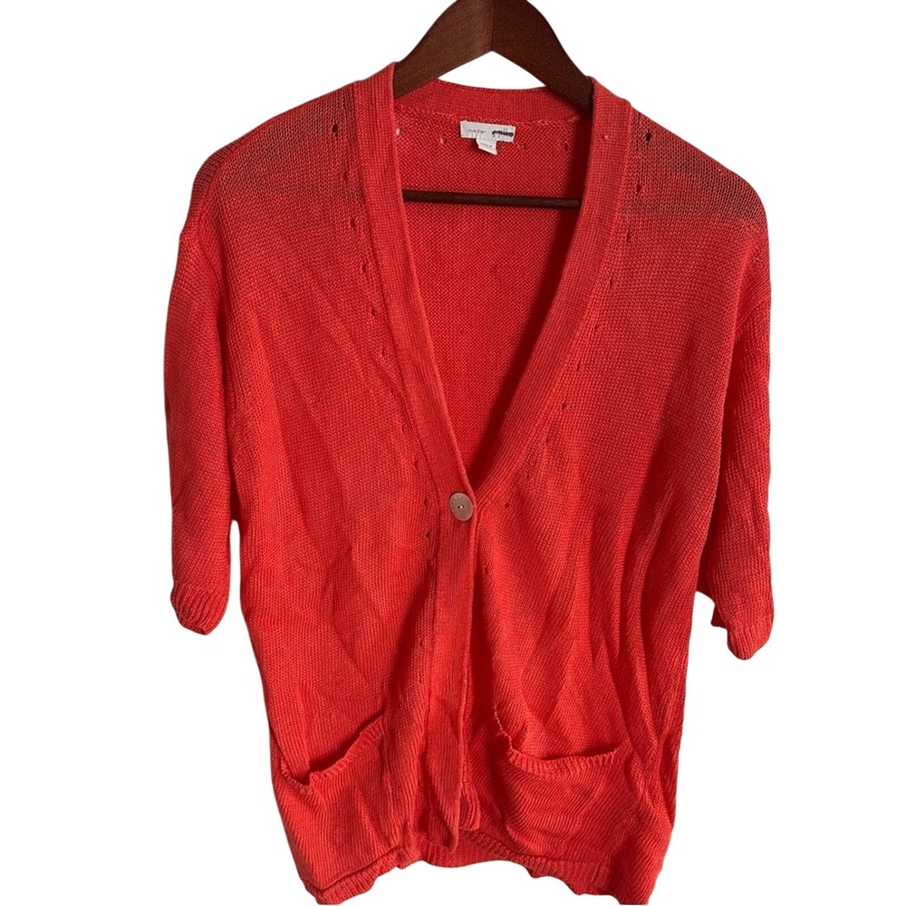 J. Jill Love Linen Coral Orange V-Neck Cardigan Sweater Small Natural Beach